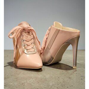Lace-Up Pointed Toe Pink & Silver Stiletto Heel Mules With Side Stitching & Glos